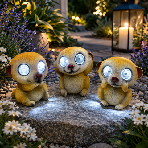 Solarlampe led erdmännchen mit drei goldgelben harzfiguren und leuchtenden weißen led-augen im garten
