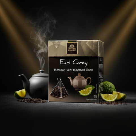 Schwarze und goldene bardolini earl grey tee verpackung mit pyramidaler teebeutelabbildung earl grey tee 22,5 g