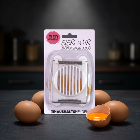 Weißer eier schneider aus plastik mit metallschneiden in originalverpackung