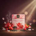 Pink und weiß gemusterte bardolini kartonverpackung für erdbeere himbeere schwarzer tee mit goldfarbenem logo