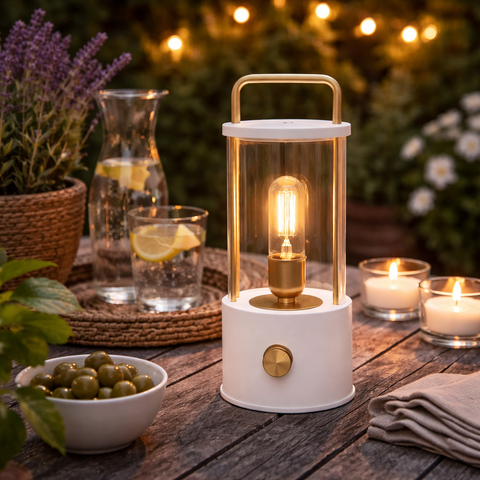 Laterne warmweiß dimmbar matt weiß 26,5x11cm mit weiß-goldener laterne und klarem glasgehäuse mit sichtbarem filamentlampenlicht