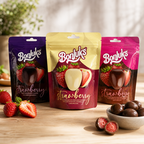 Drei bunte bonjuks gefriergetrocknete schoko-erdbeeren 80 g packungen in lila gelb und pink mit glänzenden tüten