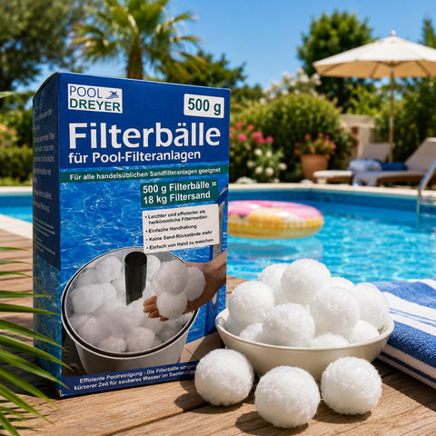 Weiße, fluffige filterbälle für filtersandfilter von dreyer im 500g blau-weißen filterbälle für filteranlagen paket