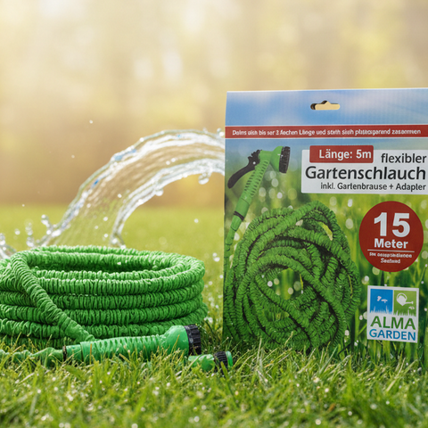 Grüner flexibler gartenschlauch mit sprühdüse und adapter verpackt in markenbox 7,5-15 m länge