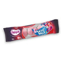 Eine leuchtend pinke erdbeer-fruchtige frisian rocket balls 33g packung mit glänzender plastikfolie und bunten cartoonfiguren