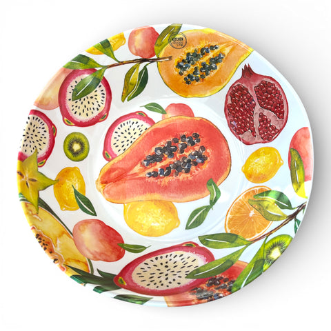 Schale fruchtmuster xl mit lebendigem aquarell-fruchtmotiv papaya drachenfrucht granatapfel kiwi und zitrone auf weißem grund