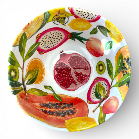 Weiße keramikschale schale fruchtmuster mit farbenfroher illustrierter tropischer obstscheiben wie drachenfrucht und kiwi