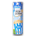 Ein blau-weiß gestreifter zylindrischer fundiez-becher mit weißer schoko-popcorn und glänzendem karamellüberzug