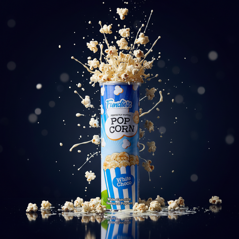 Ein blau weiß gestreifter zylindrischer behälter fundiez white choco popcorn 70g mit goldenen popcornkernen und karamellüberzug