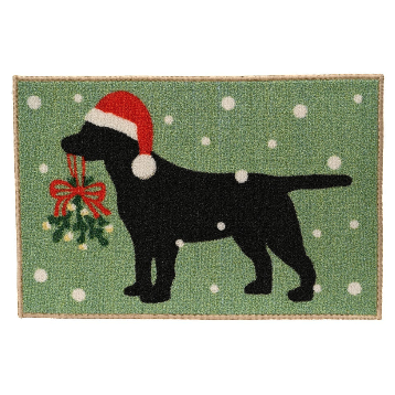 Fussmatte nylon 40x60 cm mit schwarzem Labrador in rotem Weihnachtsmütze und Mistelzweig vor grünem Schneehintergrund