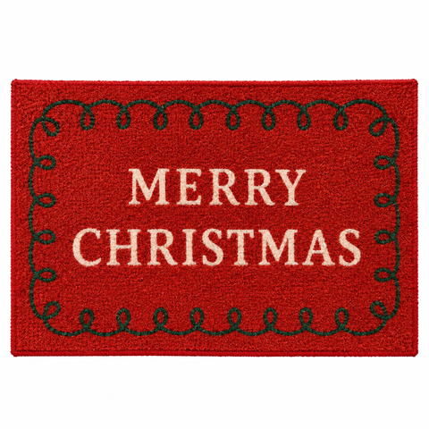 Roter fussmatte aus nylon 40x60x0,5 cm mit cremefarbenem merry christmas schriftzug und dunkelgrünem rahmen