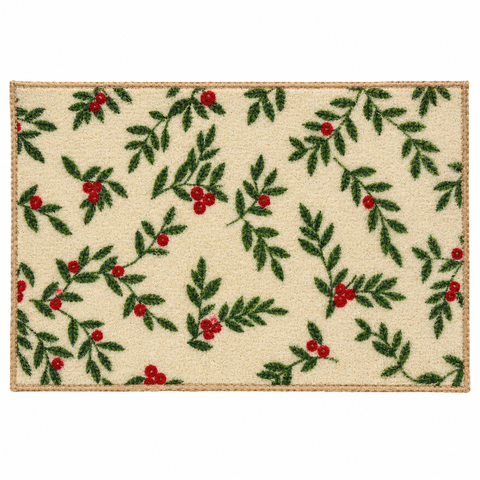 Creamfarbene fussmatte aus nylon 40x60x0,5cm mit grünem stechpalmenmuster und roter beerenbordüre