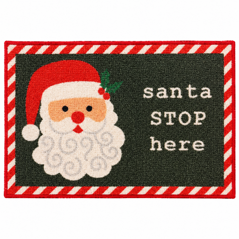 Fussmatte nylon 40x60x0,5 cm mit rot weiß gestreiftem rahmen und fröhlichem weihnachtsmannmotiv mit text santa stop here