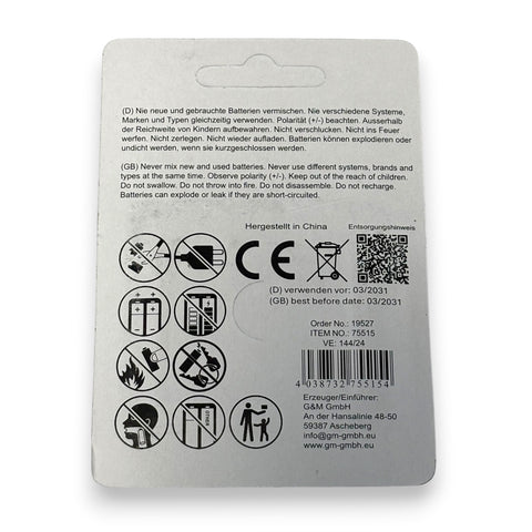 Rückseite der silberfarbenen gadcell aa batterie verpackung mit sicherheitshinweisen und produktinformationen in deutsch und englisch