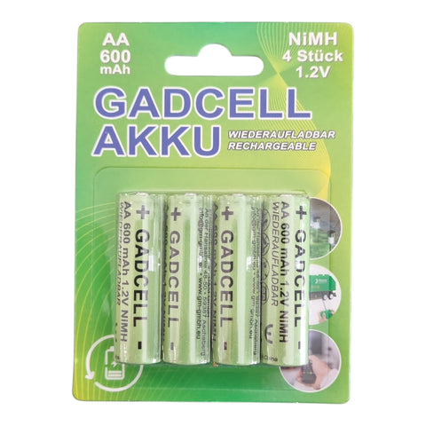 Gadcell akku aa 600mah 1,2v wiederaufladbar in grünem blisterpack mit vier sichtbaren zylindrischen zellen