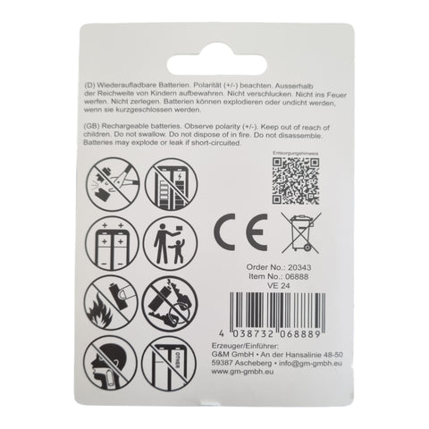 Weiße plastikverpackung der rückseite für gadcell akku aa 600mah wiederaufladbar mit sicherheitswarnungen und mehrsprachigen produktinformationen