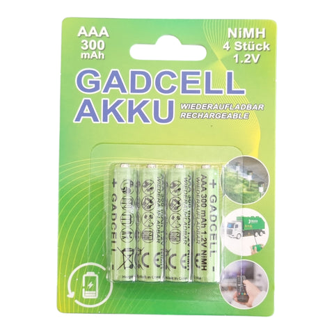 Vier grüne gadcell akku aaa 300mah 1,2v wiederaufladbar batterien im blister mit deutscher wiederverwendbar schrift