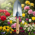 Garten schaufel 30cm mit metallblatt und hellem holzgriff steht aufrecht im nährreichen boden