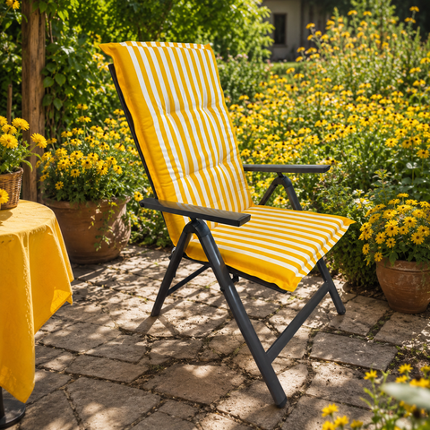 Yellow and white striped cushioned patio chair with black metal frame by florence hochlehner 120x50x5cm