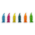 Sechs bunte, glänzende gartengnom 5,5x5,5x17,5 cm figuren in blau, rosa, gelb, türkis, orange und grün
