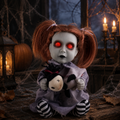 Geister-dolly animiert mit bären 26 cm, gruselige puppe mit leuchtend roten augen, rötlich-braunen zöpfen und lila kleid