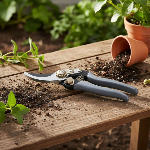 Bypass gartenschere gfp02-bl black edition mit grauem griff und metallklinge liegt neben umgekippten terrakottatöpfen auf holzoberfläche