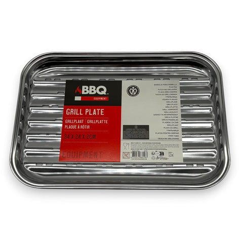 Silberne grillplatte aus edelstahl mit geriffelter oberfläche und abgerundeten ecken 34 x 24 x 2 cm