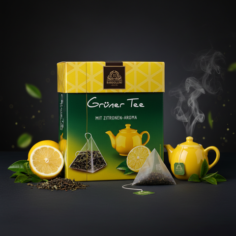 Gelber dreieckiger teebeutel mit grünem etikett und schnur neben verpackung von grüner tee mit zitronen-aroma 22,5g