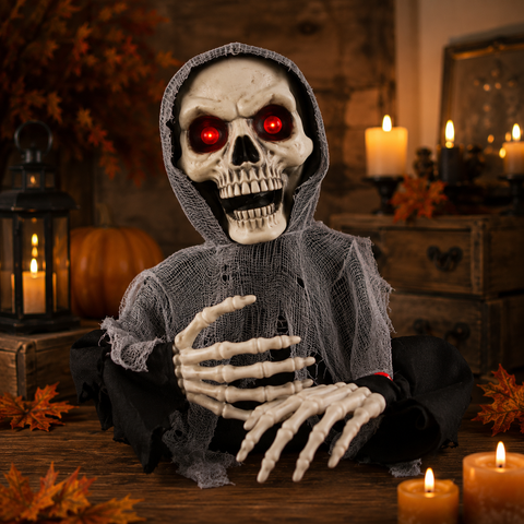 Halbes skelett animiert 60x40x44 cm halloweenfigur mit leuchtend roten augen in grauem mesh und schwarzem stoffmantel