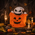 Orange plüsch halloweenfigur 23 cm in kürbisform mit lächelndem jack skellington gesicht und schwarz-weiß gestreiftem anzug
