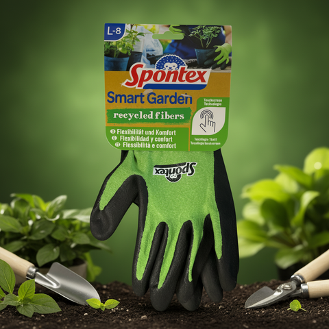 Grüne und schwarze spontex smartgarden handschuhe gr 8 aus recycelten fasern für gartenarbeit