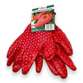 Roten gartenhandschuhe größe m aus robustem gummimaterial mit weißen polka dots, rückseite sichtbar