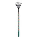A black garden rake with a long handle featuring a vibrant teal pink and yellow floral pattern harke tinkerbell