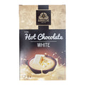 Eine box bardollini heisse schokolade weiß 120g mit gold schwarzem design weißer schokolade und dampfendem becher