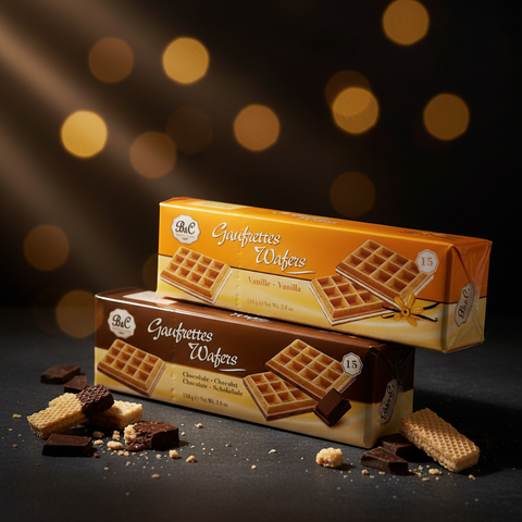 Zwei rechteckige b&c gaufrettes waffeln 110 g in vanille mit orange-gelber und schokolade mit braun-beiger verpackung