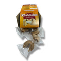 A box of glückskekse 10x6 g with individually wrapped light brown crescent-shaped clickskeks fortune cookies with paper slips inside