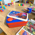 Disney lunchbox spider-man bento box in blue and orange with white lid and vibrant superhero graphic