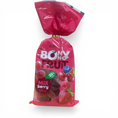 Ein lebhaft pink verpackter roshen bonny fruit 200 g beeren mischung gummy candy beutel mit bunten fruchtillustrationen und glänzendem metallicverschluss