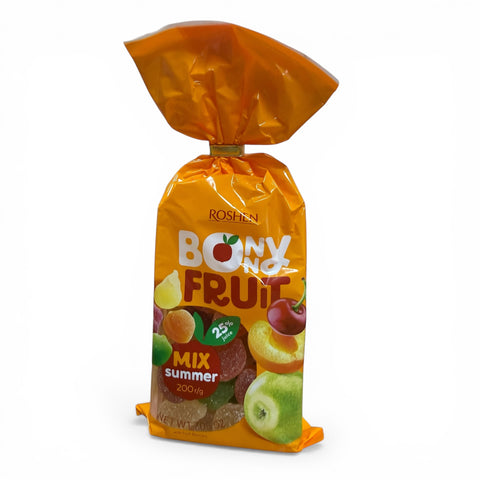 Ein lebendig orangeverpackter roshen bonny fruit mix sommer gummy candies mit bunten fruchtillustrationen und glänzendem finish 200 g