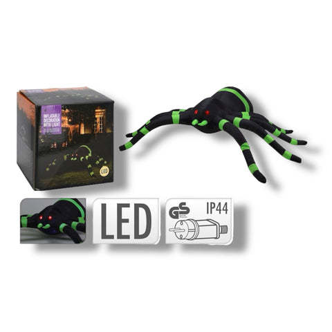 Schwarze aufblasbare halloween-spinne 240 cm mit leuchtend grünen streifen und roten led-augen für außenbereich