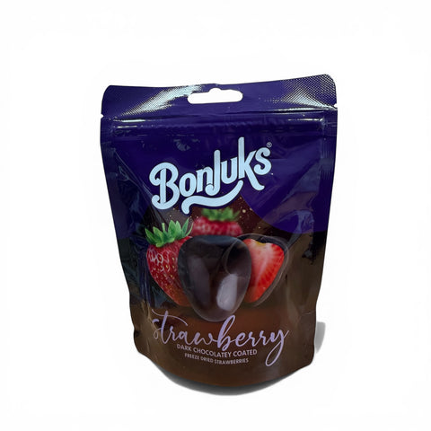 Bonjuks gefriergetrocknete schoko-erdbeeren 80 g im glänzenden lila-braunen wiederverschließbaren beutel