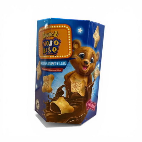 Blaue kartonverpackung mit cravingz mojo bisq schokoladen gefüllten bärenkeksen 40 g mit cartoonbärdesign