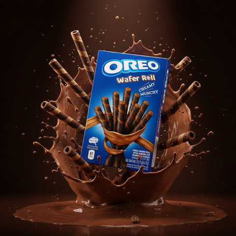 Blaue packung oreo waffelrollen 54g mit schokoladencreme und design aus braunen und dunklen schokoladenswirls in goldband