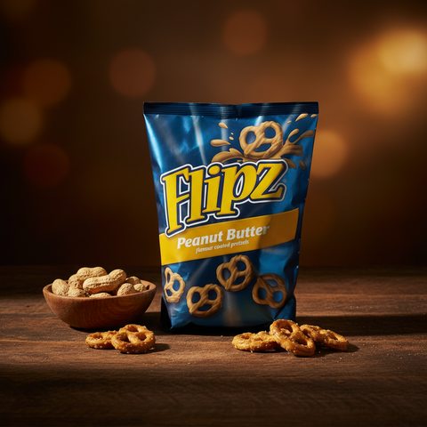 Ein blauer beutel flipz peanut butter 90 g mit erdnussbutterüberzogenen Salzbrezeln und gelber markenkennzeichnung