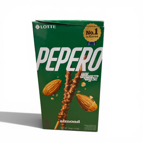 Grüne box von lotte pepero mandel snack-sticks schokolierte keks-sticks in premium-schokolade verpackt