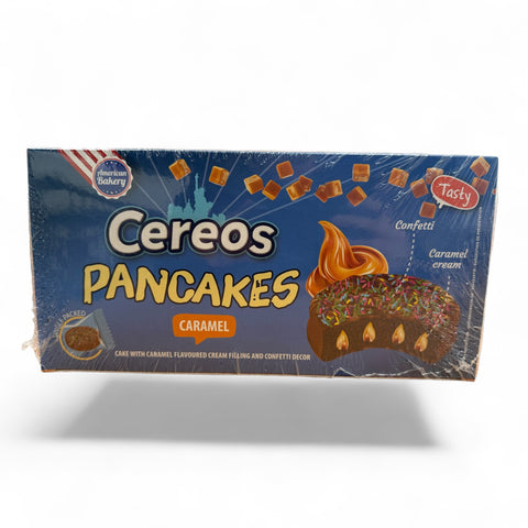 Caramelgeschmack cereos pancakes in blauer verpackung mit buntem konfetti und karamellcreme illustration 150 g