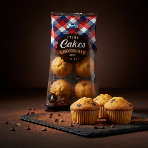 Eine packung finalez fairy cakes mini schoko-muffins 200 g mit rot weiß blau kariertem design und fenster zeigt goldbraune cupcakes