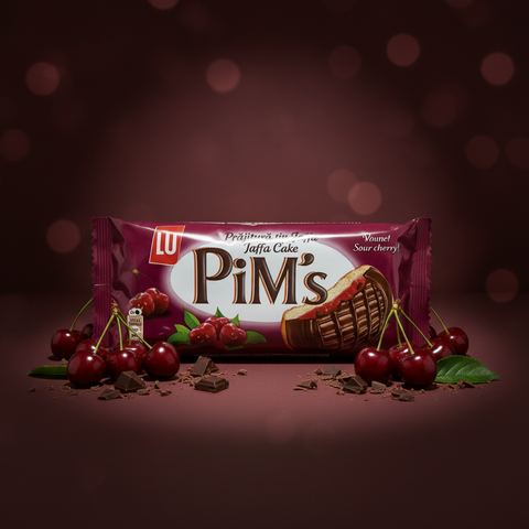 Lu pim’s kirsch-schokokeks 147g mit schokoladenhülle und sauerkirschfüllung umgeben von frischen kirschen