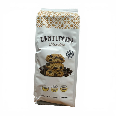 Weiße packung cantuccini schokolade 250 g mit gold-creme muster und schokoladenkeksabbildung auf dunkelsschokolade