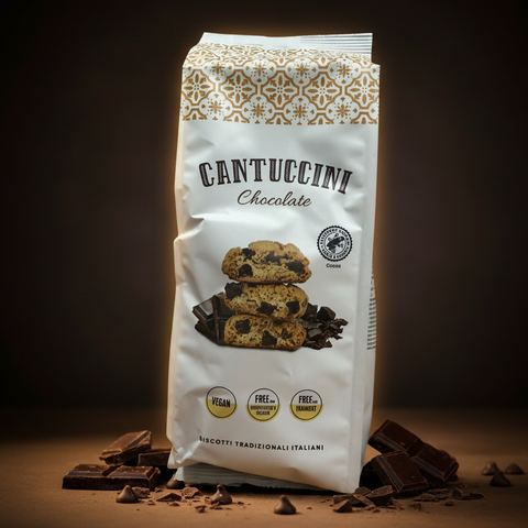 Weiße packung cantuccini schokolade 250 g mit gold creme muster und schokoladenkeks abbildung